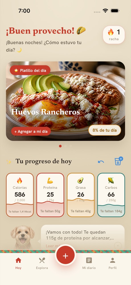 Tablero diario con calorías, proteína, grasa y carbohidratos